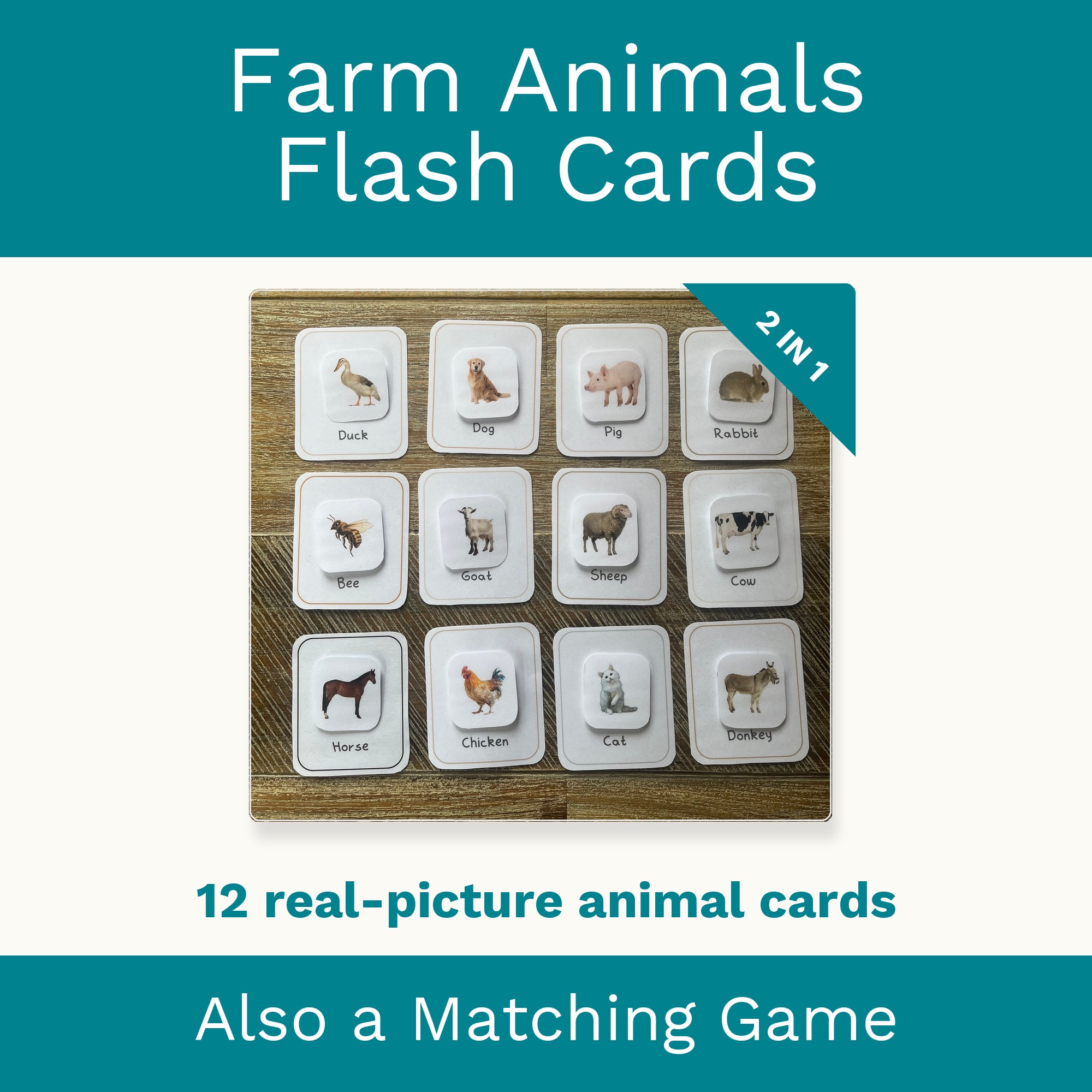 Farm Animals Flash Cards & Matching Game 2 in 1: Montessori Real Picture Cards (Digital Download) cover