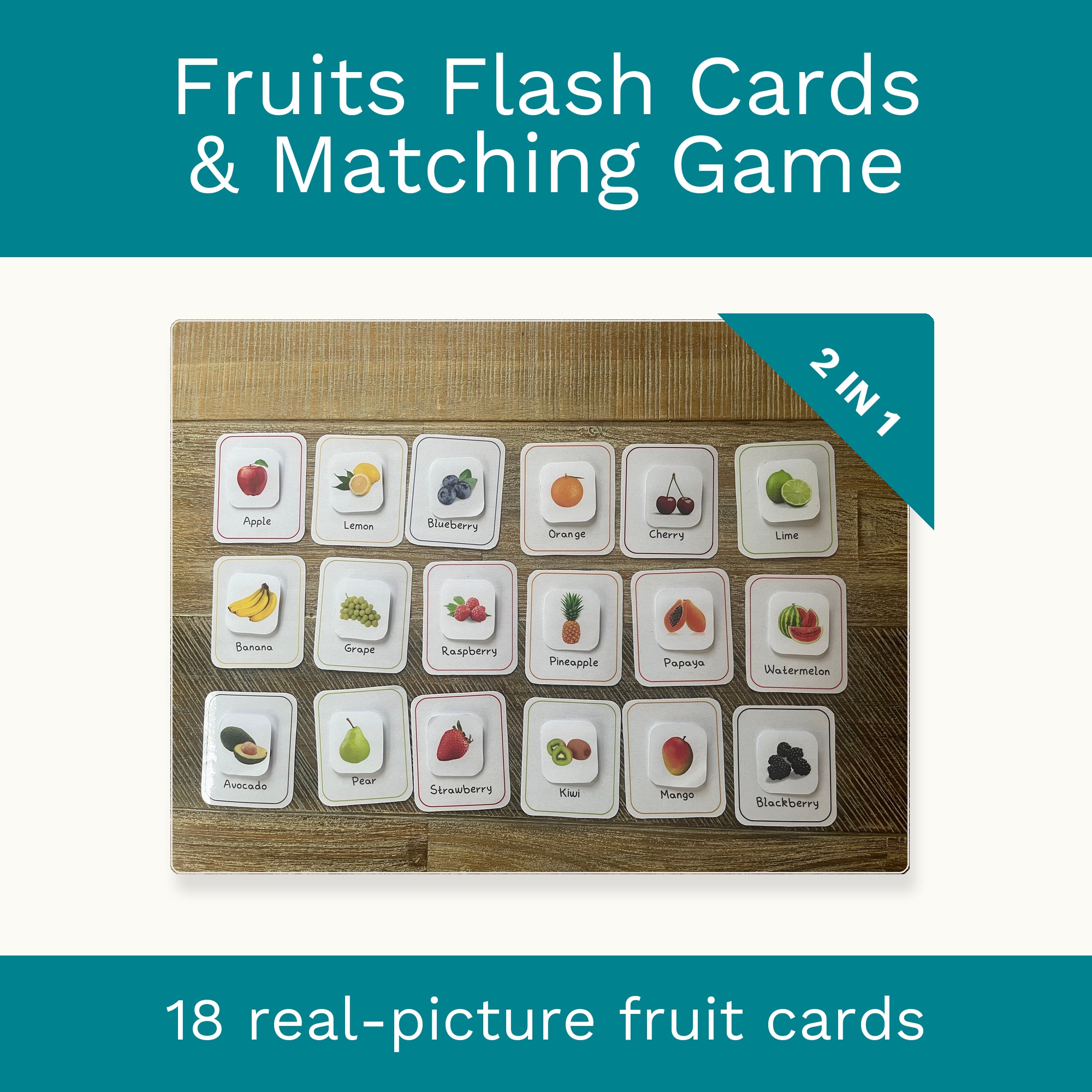 Fruits Flash Cards & Matching Game 2 in 1: Montessori Real Picture Cards (Digital Download) cover
