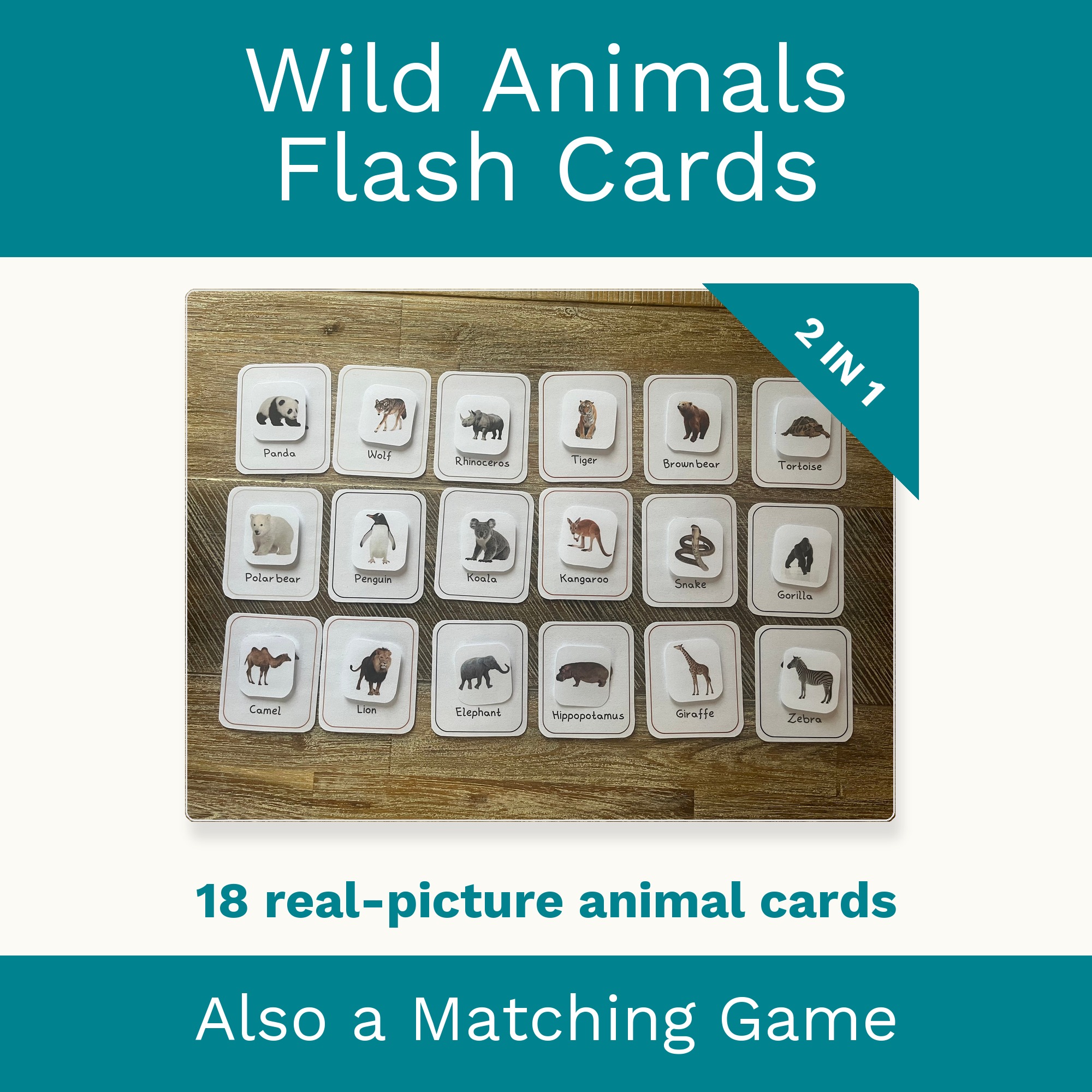 Wild Animals Flash Cards & Matching Game 2 in 1: Montessori Real Picture Cards (Digital Download) cover