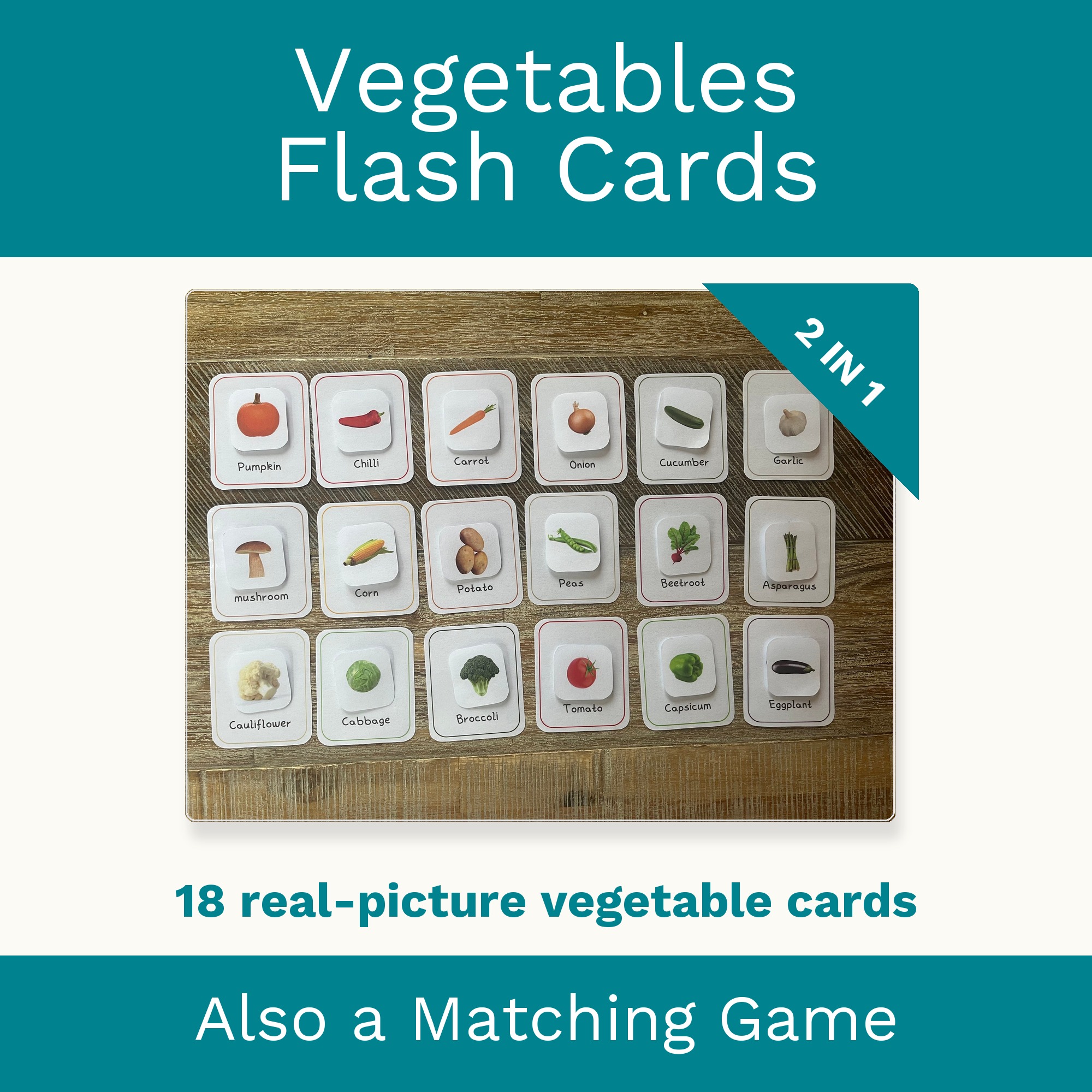 Vegetables Flash Cards & Matching Game 2 in 1: Montessori Real Picture Cards (Digital Download) preview 1